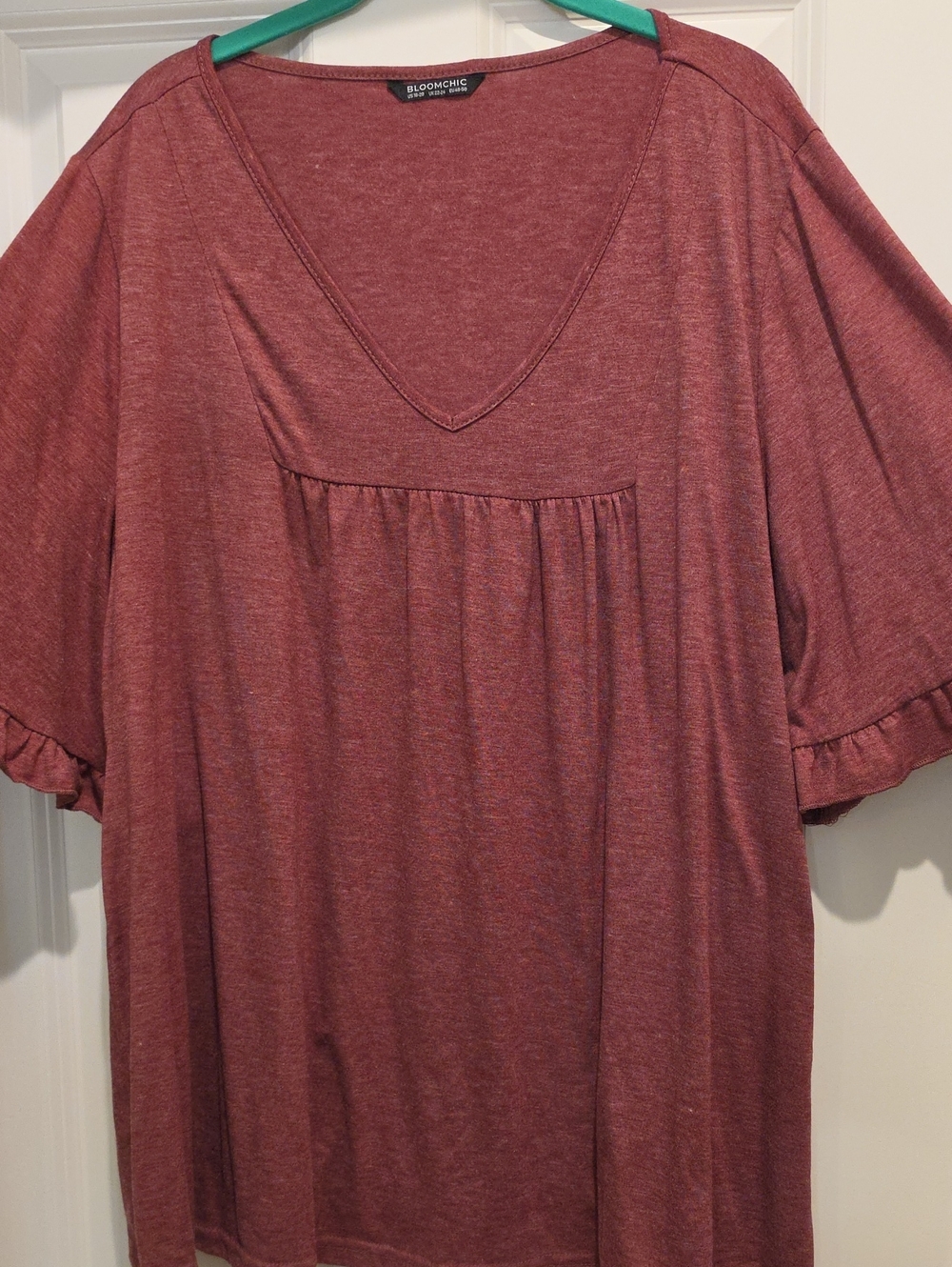Bloomchic Heathered Russet Red gathered ruffle trim flounce sleeve tee shirt 2x